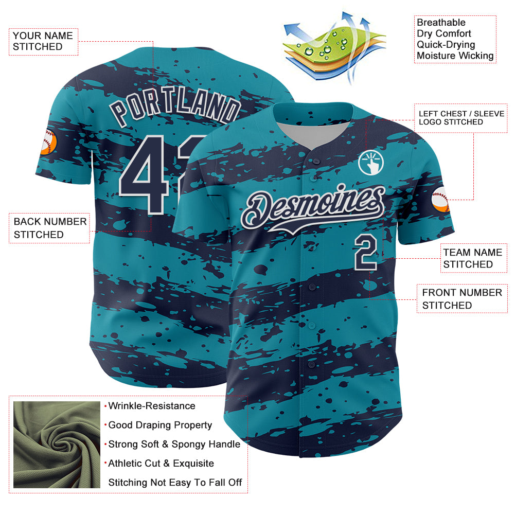 Custom Teal Navy-White Paint Splash Stripe Authentic Baseball Jersey