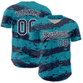 Custom Teal Navy-White Paint Splash Stripe Authentic Baseball Jersey