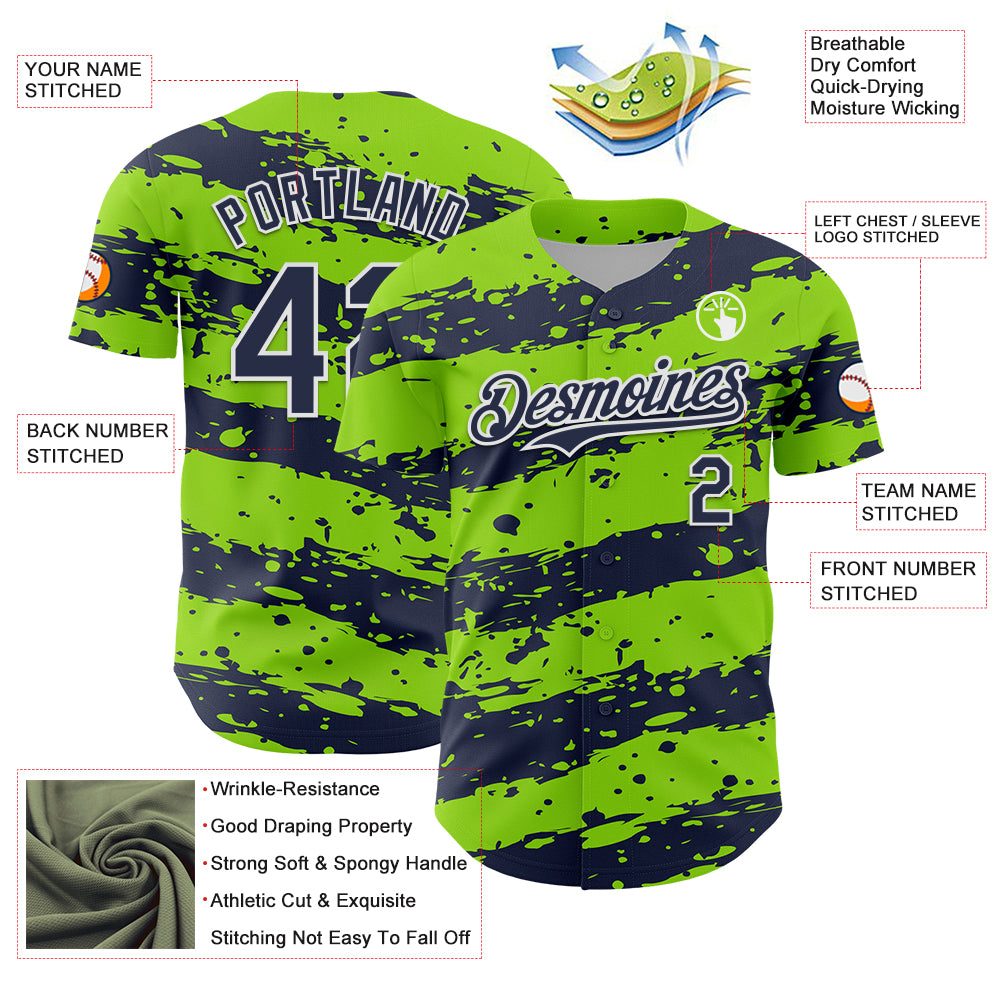 Custom Neon Green Navy-White Paint Splash Stripe Authentic Baseball Jersey