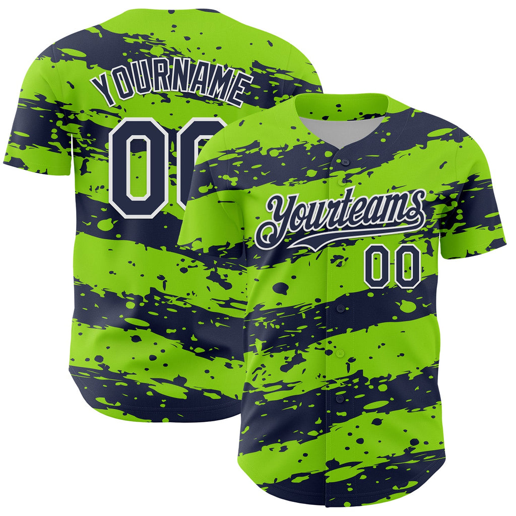 Custom Neon Green Navy-White Paint Splash Stripe Authentic Baseball Jersey