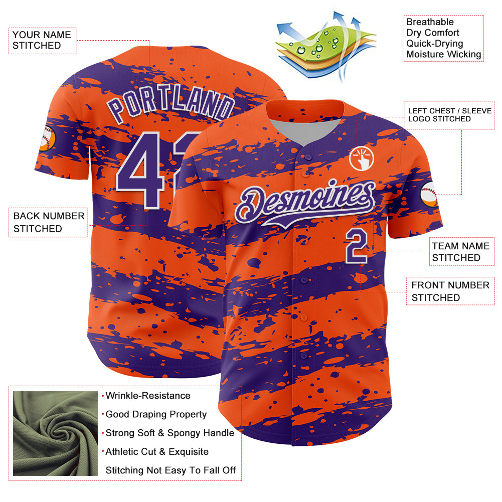 Custom Orange Purple-White Paint Splash Stripe Authentic Baseball Jersey