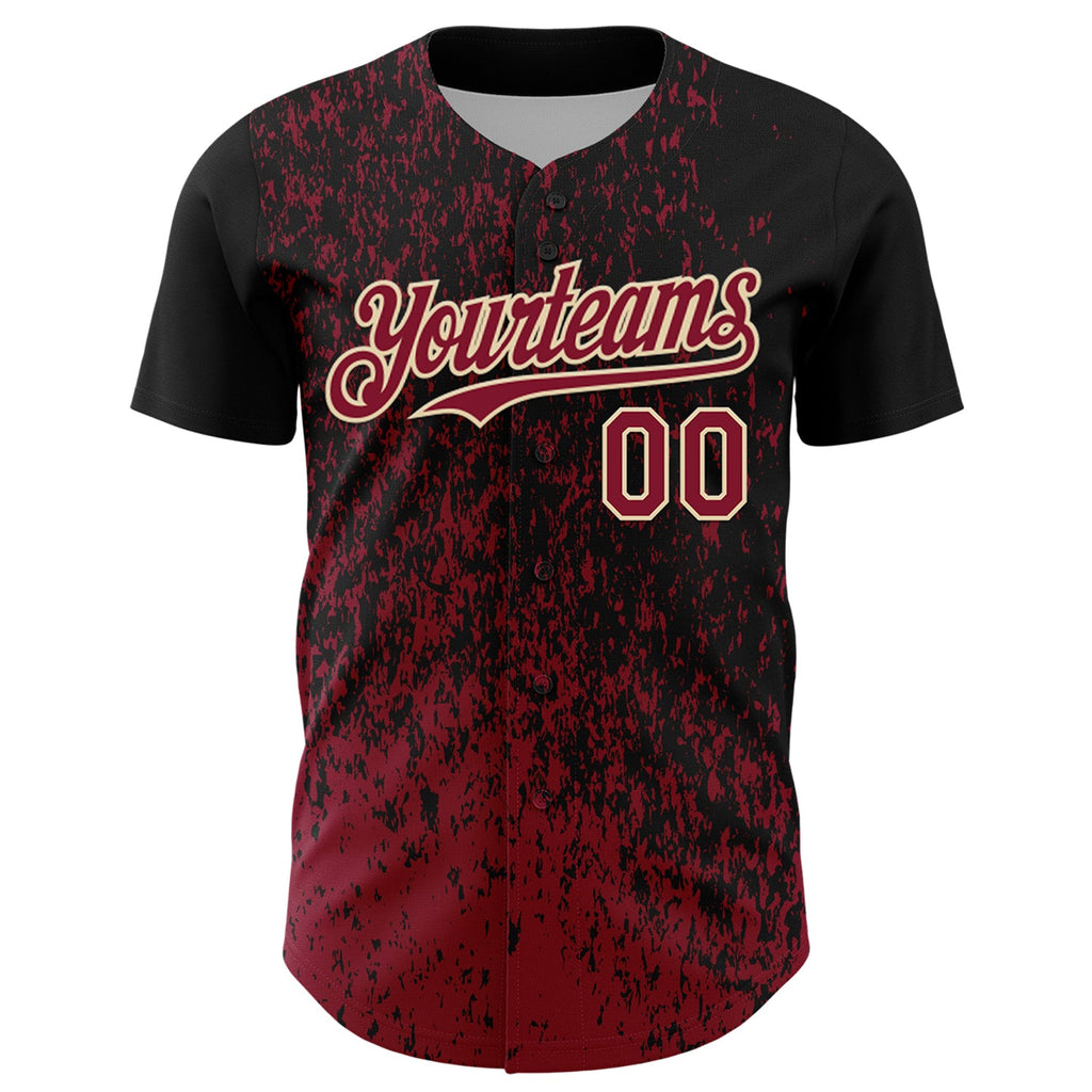 Custom Black Crimson-Cream Abstract Fragment Splatter Authentic Baseball Jersey