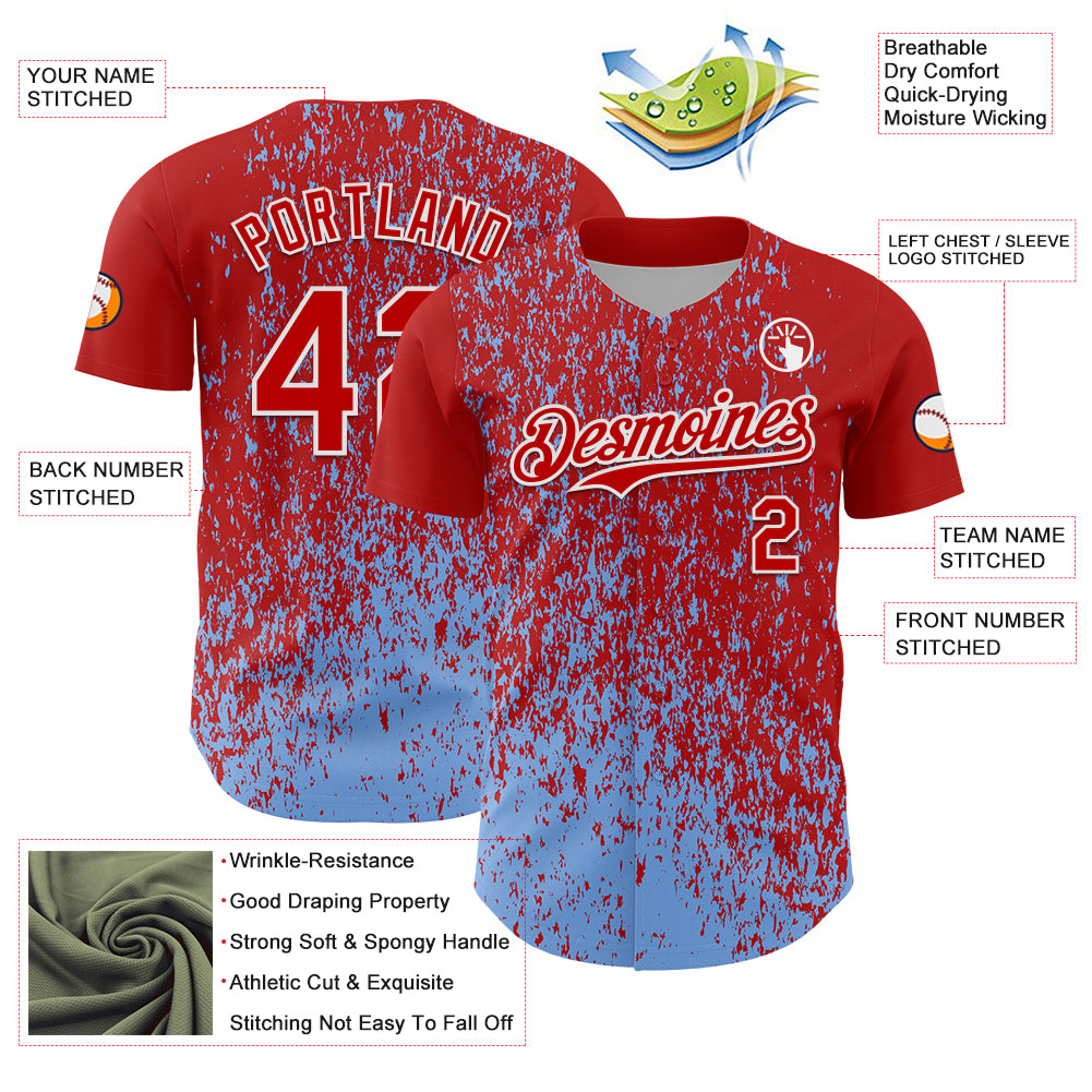 Custom Red Light Blue-White Abstract Fragment Splatter Authentic Baseball Jersey