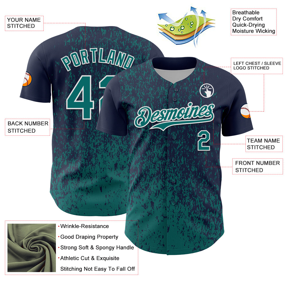Custom Navy Teal-White Abstract Fragment Splatter Authentic Baseball Jersey