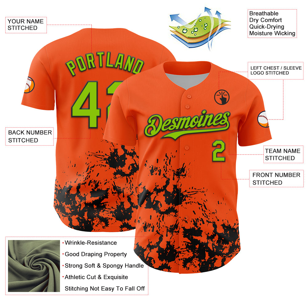 Custom Orange Neon Green-Black Splatter Authentic Baseball Jersey