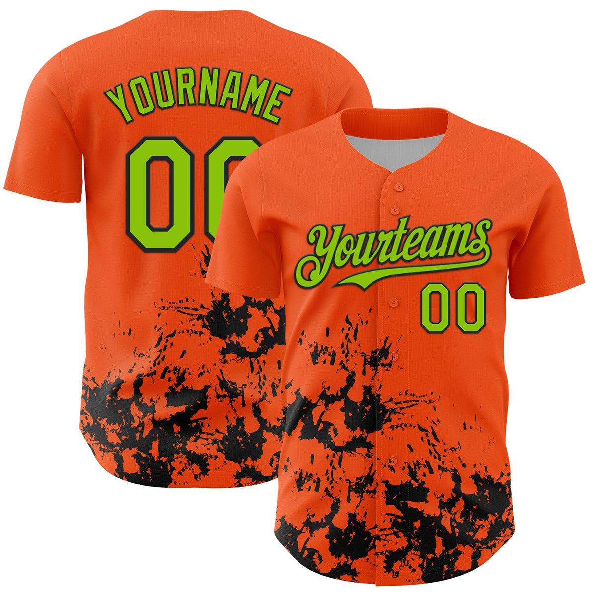 Custom Orange Neon Green-Black Splatter Authentic Baseball Jersey