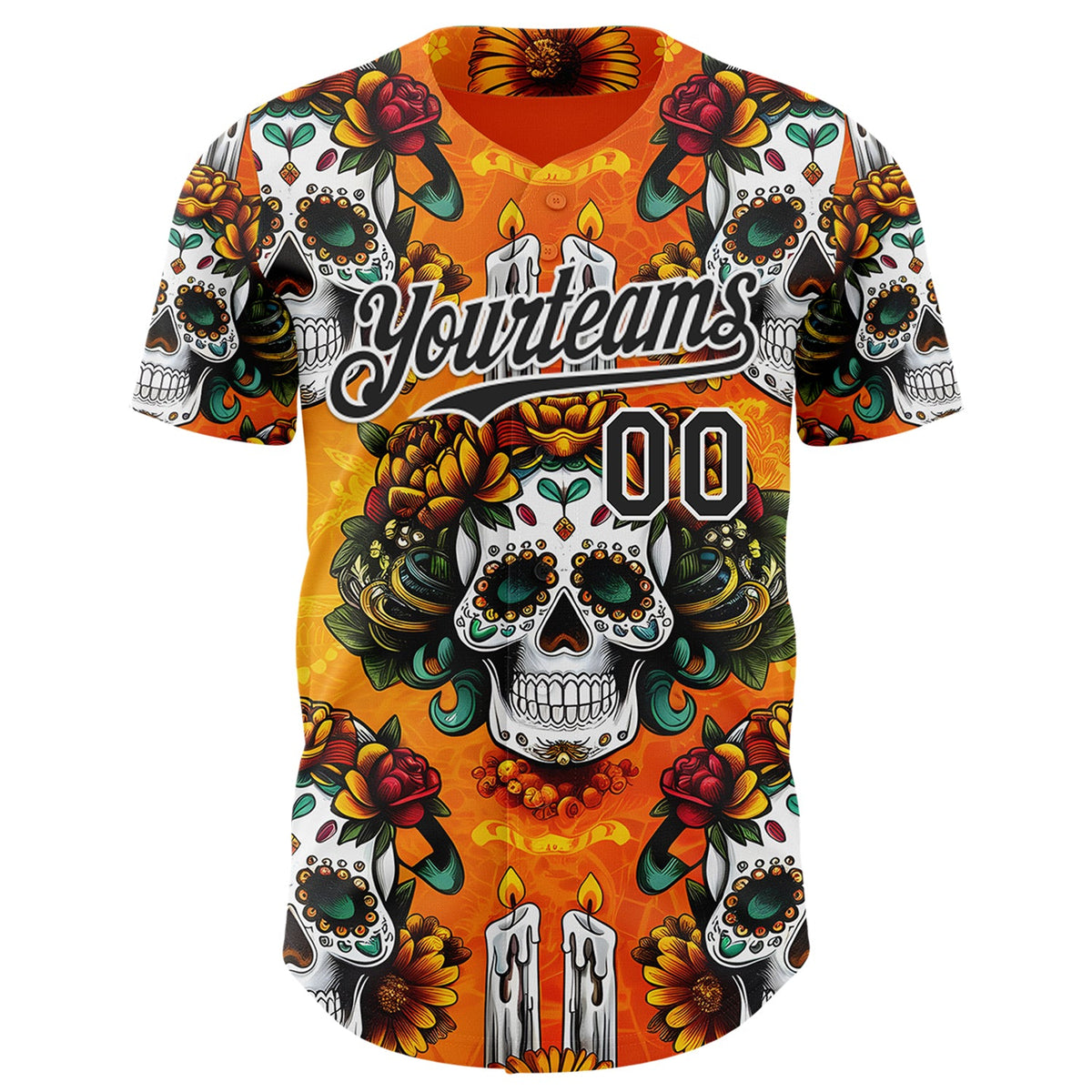 Custom Orange Black-White Sugar Skull Day of the Dead Mexican Folk Art Authentic Baseball Jersey
