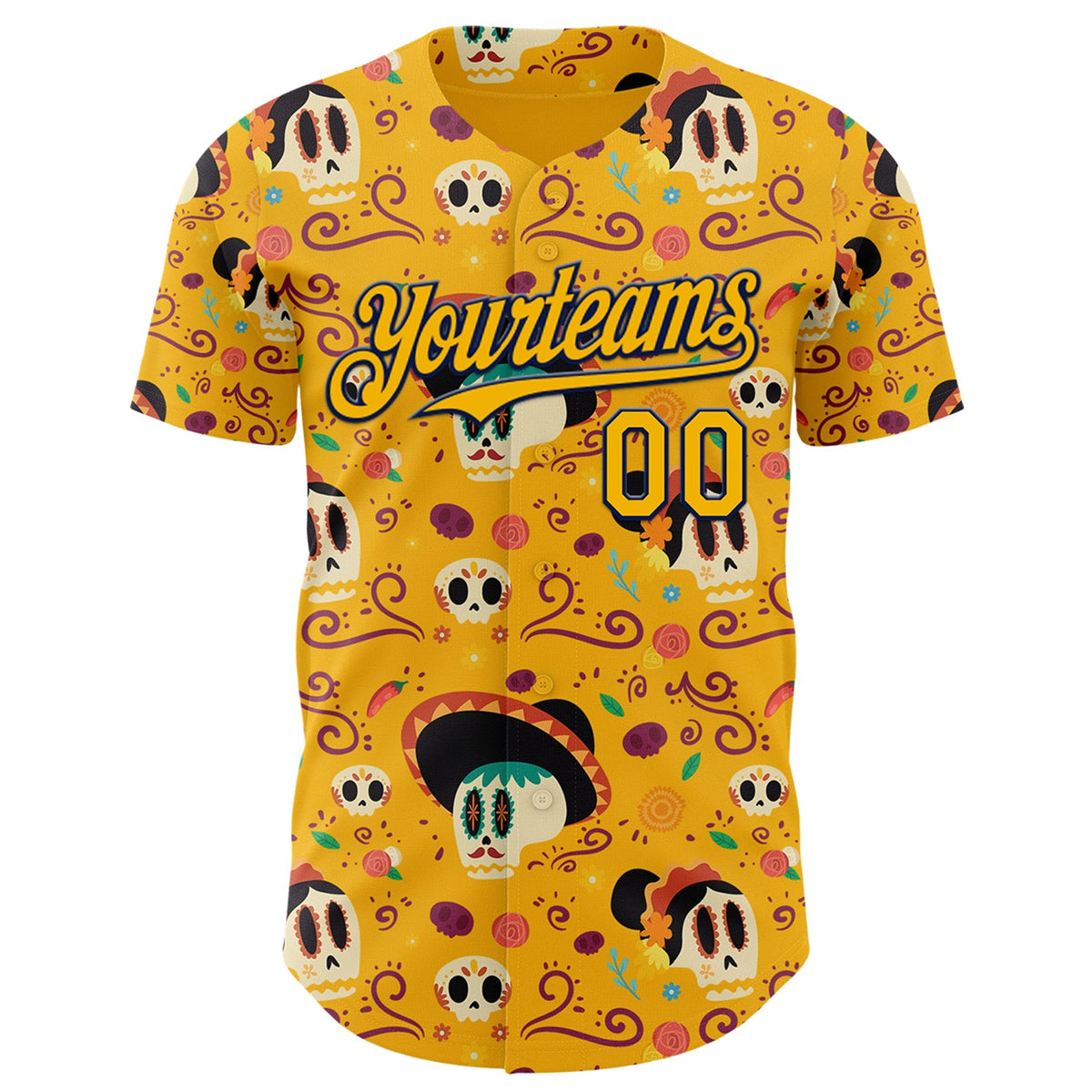 Custom Gold Navy Sugar Skull Day of the Dead Mexican Folk Art Authentic Baseball Jersey