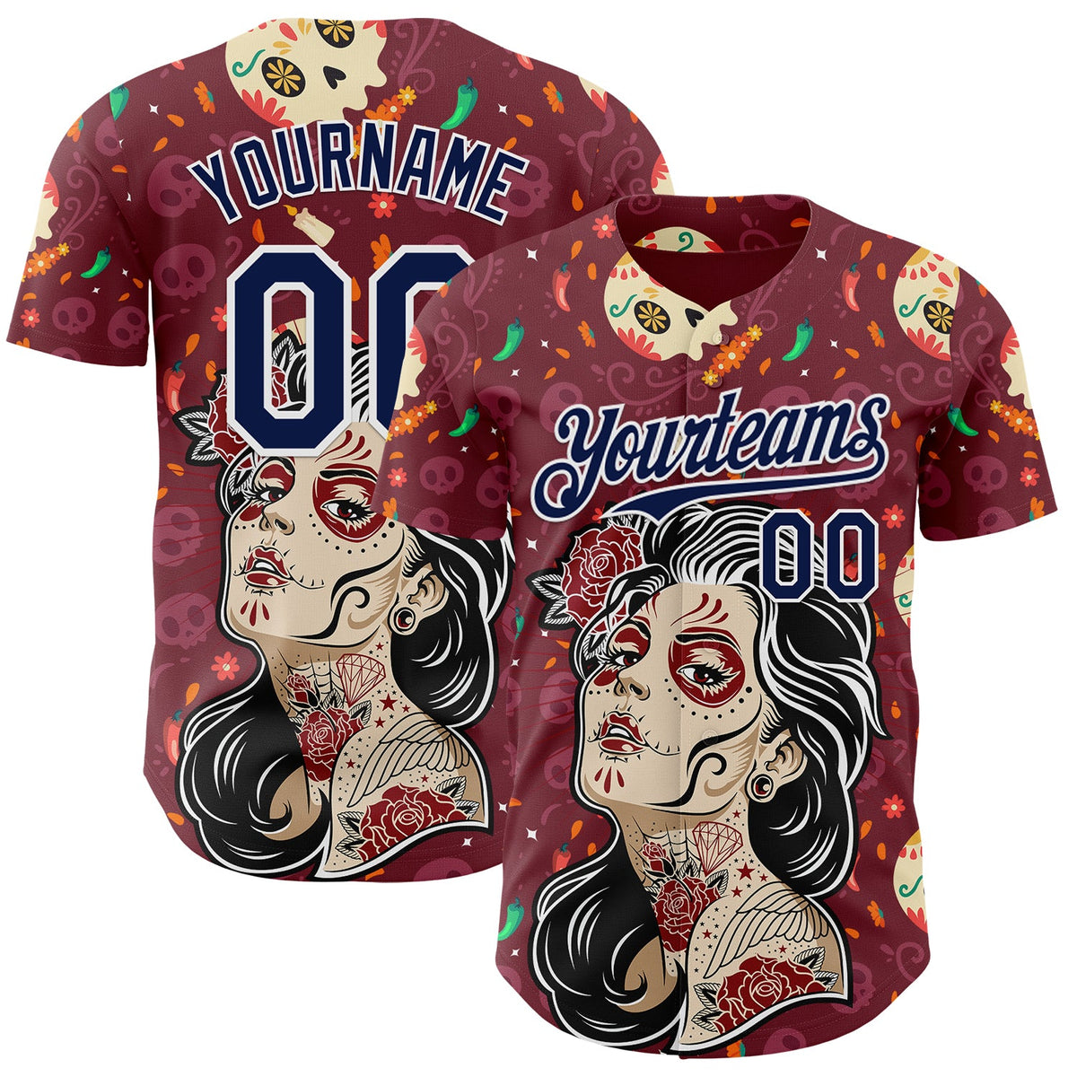 Custom Burgundy Navy-White Sugar Skull Day of the Dead Mexican Folk Art Authentic Baseball Jersey