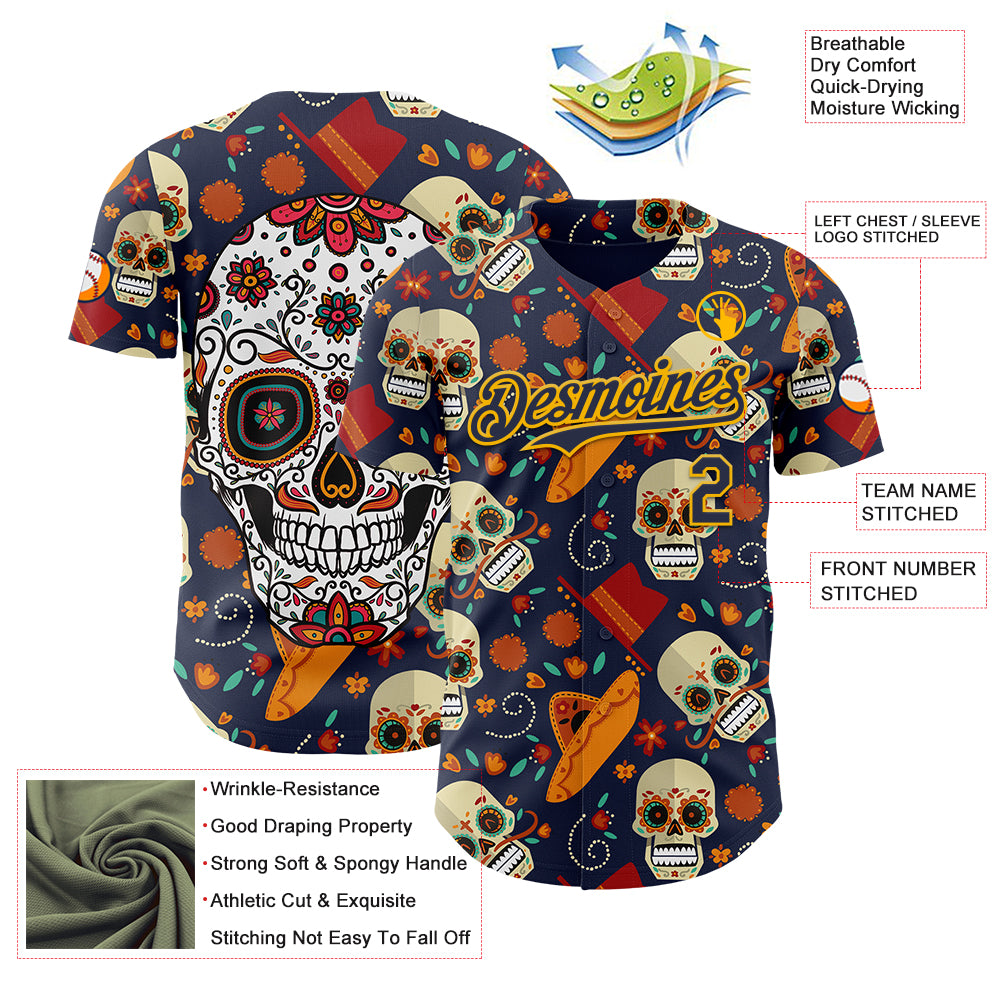 Custom Navy Gold Sugar Skull Day of the Dead Mexican Folk Art Authentic Baseball Jersey