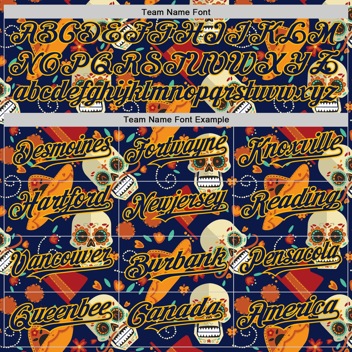 Custom Navy Gold Sugar Skull Day of the Dead Mexican Folk Art Authentic Baseball Jersey