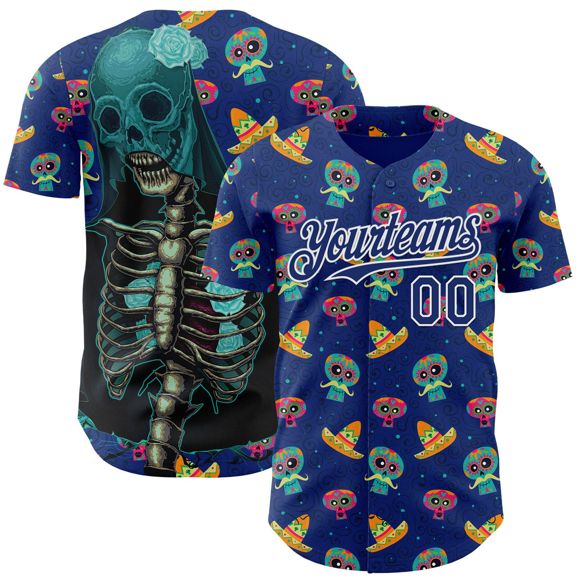 Custom Royal White Sugar Skull Day of the Dead Mexican Folk Art Authentic Baseball Jersey