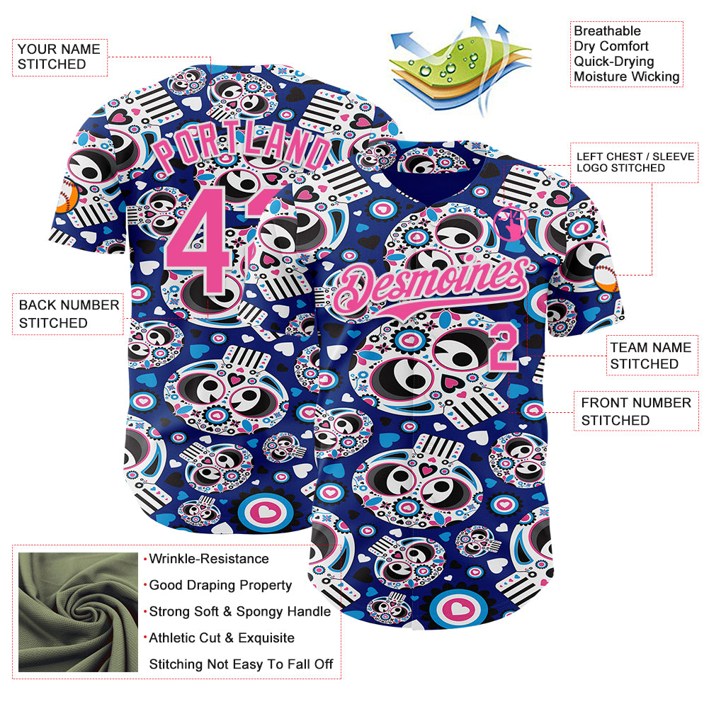 Custom Royal Pink-White Sugar Skull Day of the Dead Mexican Folk Art Authentic Baseball Jersey