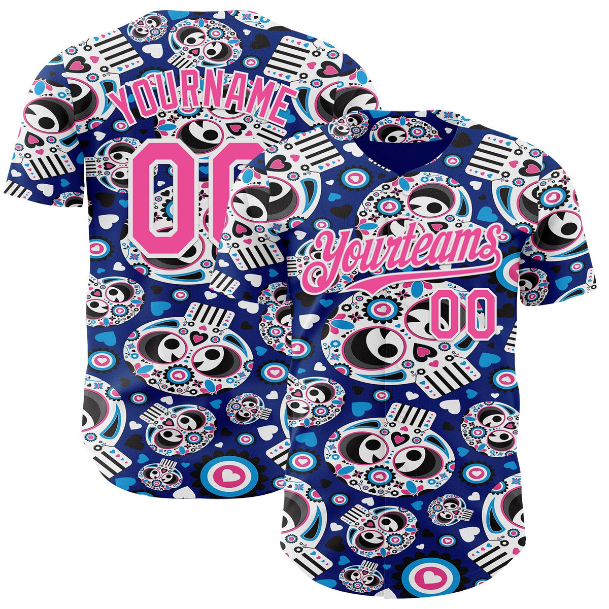 Custom Royal Pink-White Sugar Skull Day of the Dead Mexican Folk Art Authentic Baseball Jersey