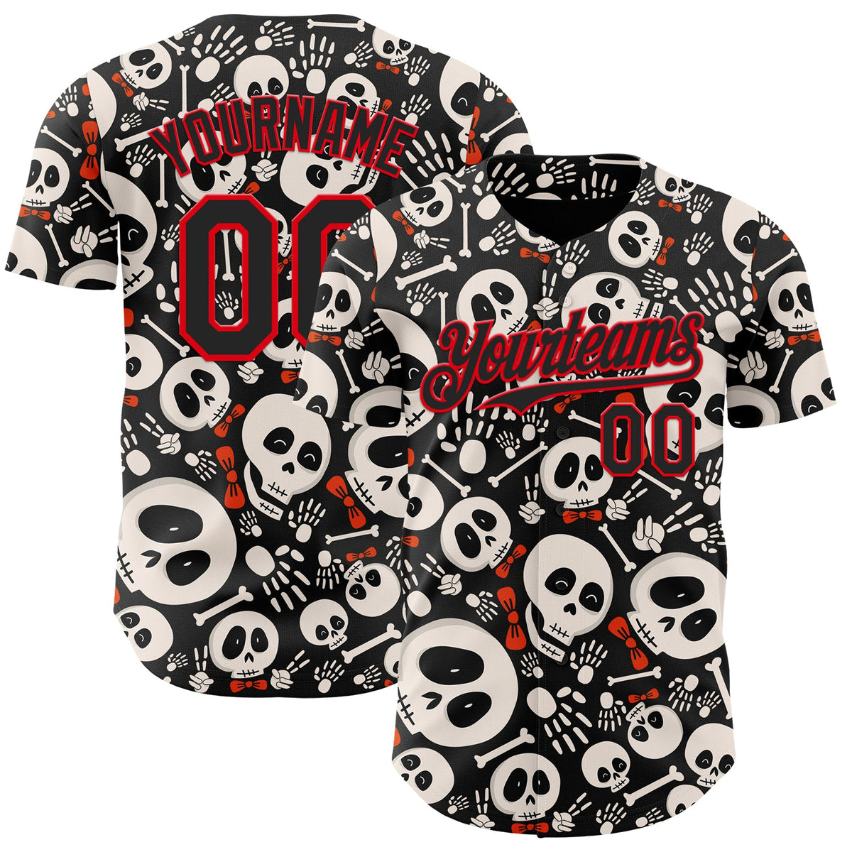 Custom Black Fire Red Sugar Skull Day of the Dead Mexican Folk Art Authentic Baseball Jersey