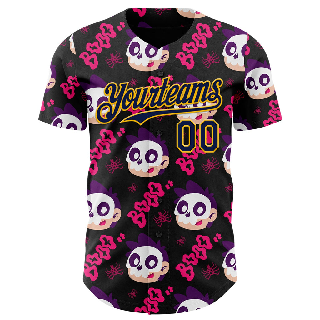 Custom Black Navy Hot Pink-Gold Sugar Skull Day of the Dead Mexican Folk Art Authentic Baseball Jersey