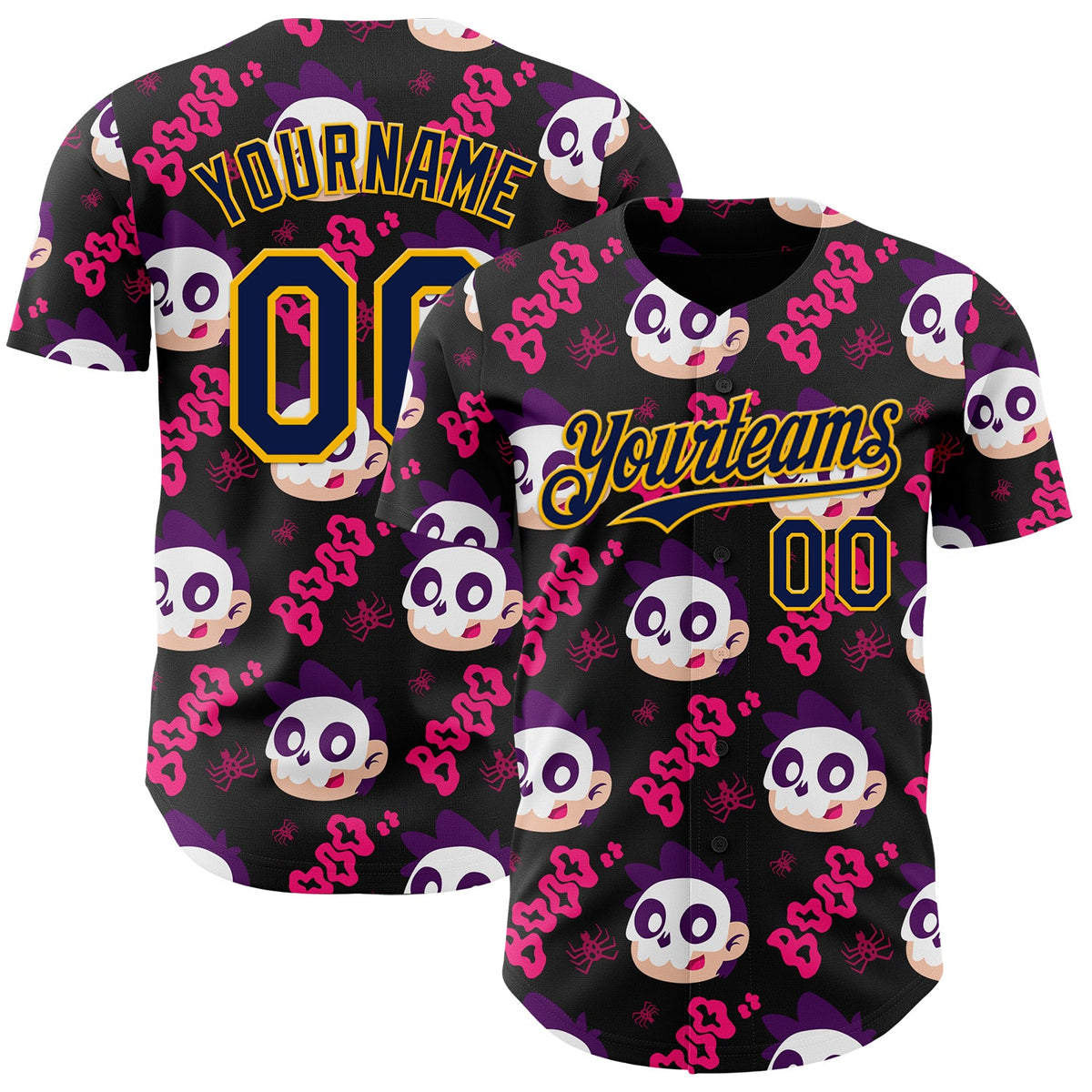 Custom Black Navy Hot Pink-Gold Sugar Skull Day of the Dead Mexican Folk Art Authentic Baseball Jersey