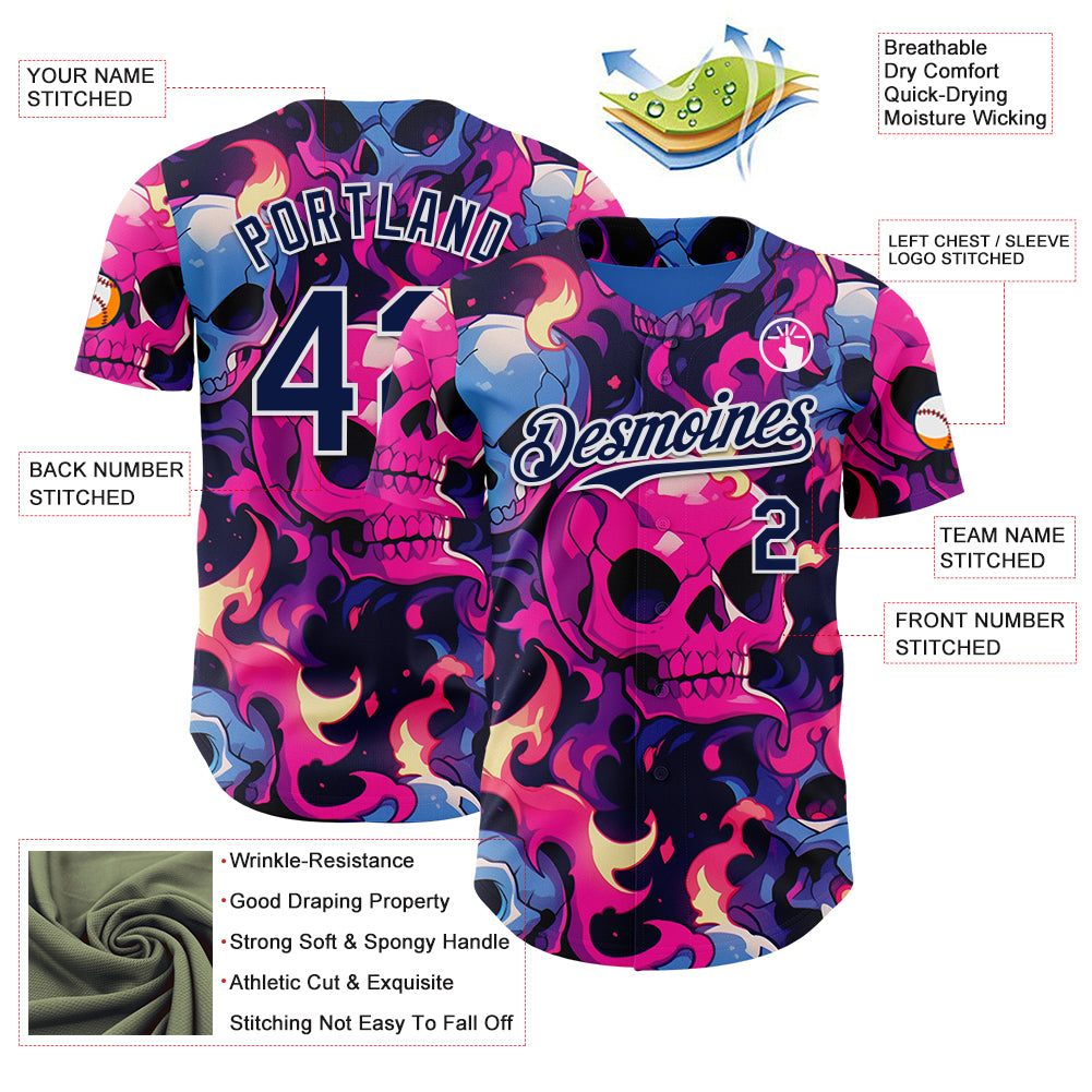 Custom Black Navy Hot Pink Blue-White Sugar Skull Day of the Dead Mexican Folk Art Authentic Baseball Jersey