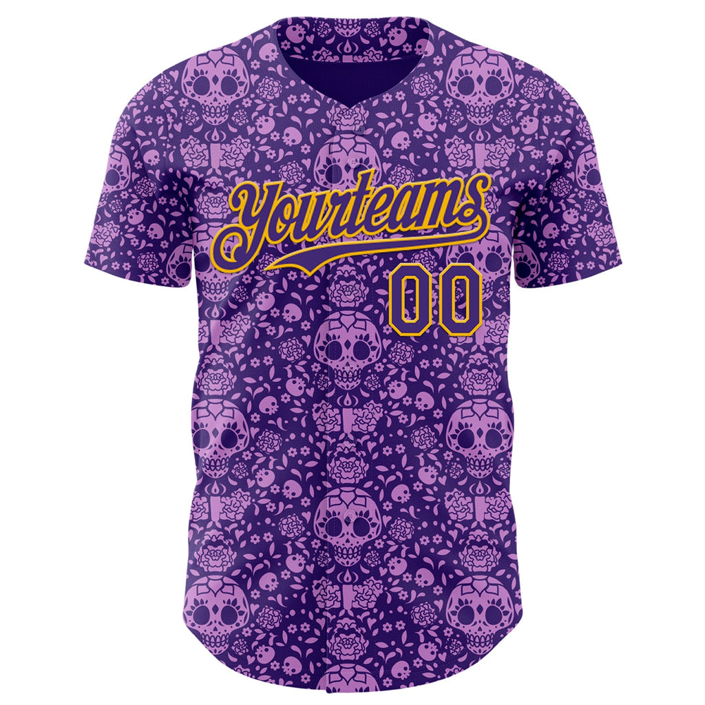Custom Purple Gold Sugar Skull Day of the Dead Mexican Folk Art Authentic Baseball Jersey