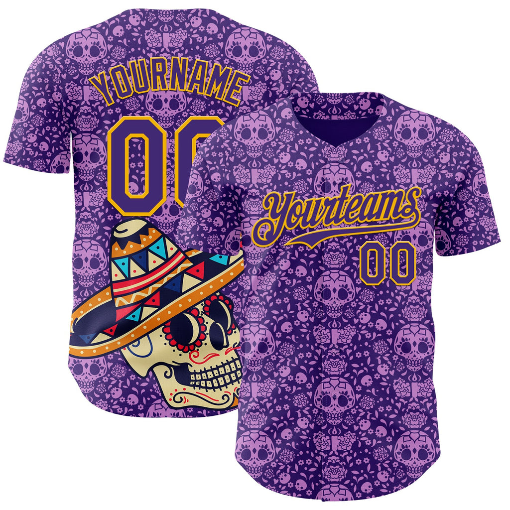 Custom Purple Gold Sugar Skull Day of the Dead Mexican Folk Art Authentic Baseball Jersey