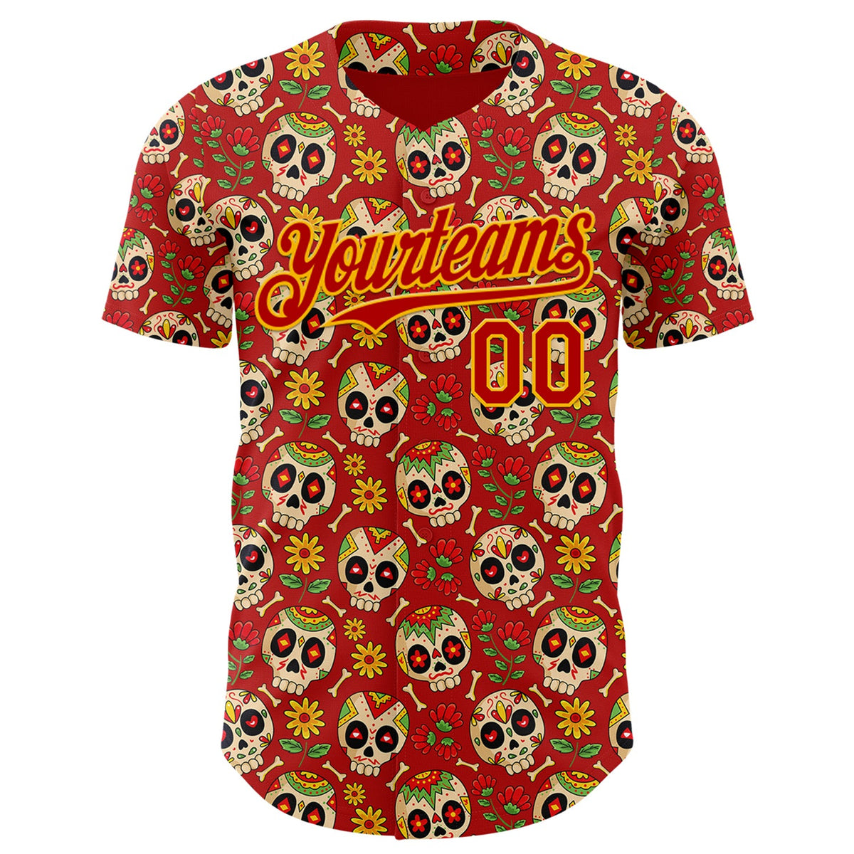 Custom Red Yellow Sugar Skull Day of the Dead Mexican Folk Art Authentic Baseball Jersey