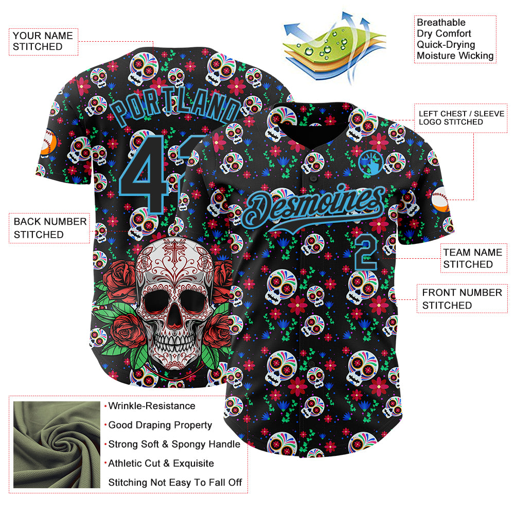 Custom Black Sky Blue Sugar Skull Day of the Dead Mexican Folk Art Authentic Baseball Jersey