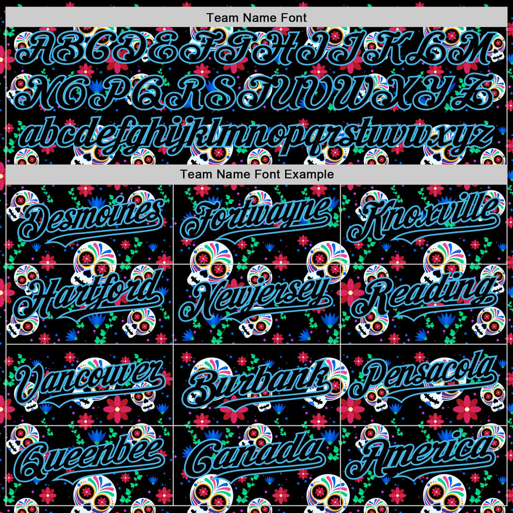 Custom Black Sky Blue Sugar Skull Day of the Dead Mexican Folk Art Authentic Baseball Jersey