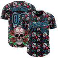 Custom Black Sky Blue Sugar Skull Day of the Dead Mexican Folk Art Authentic Baseball Jersey