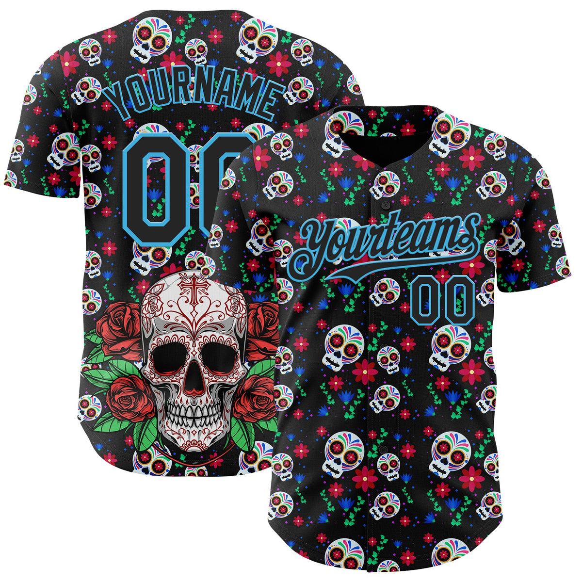 Custom Black Sky Blue Sugar Skull Day of the Dead Mexican Folk Art Authentic Baseball Jersey