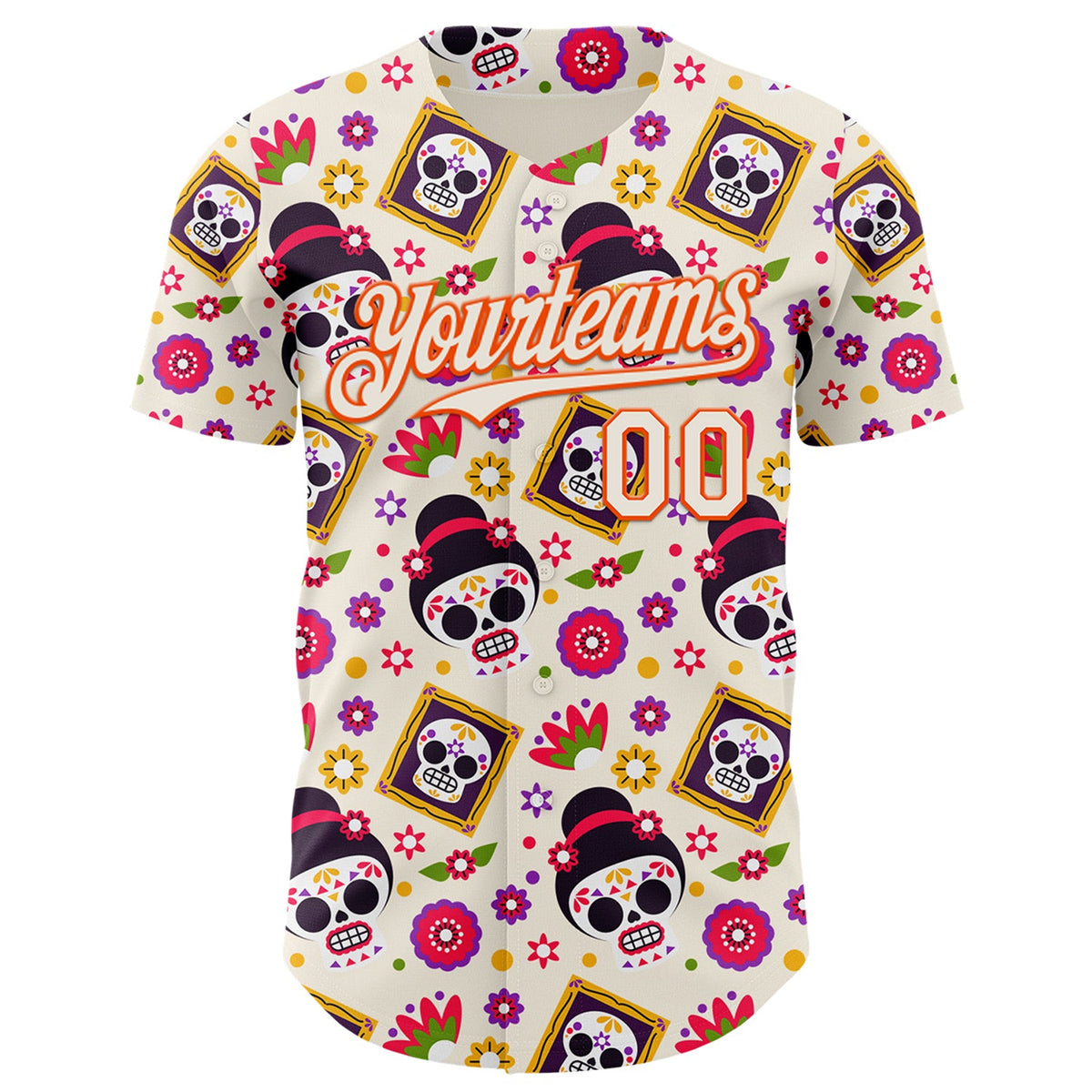 Custom Cream Orange Sugar Skull Day of the Dead Mexican Folk Art Authentic Baseball Jersey
