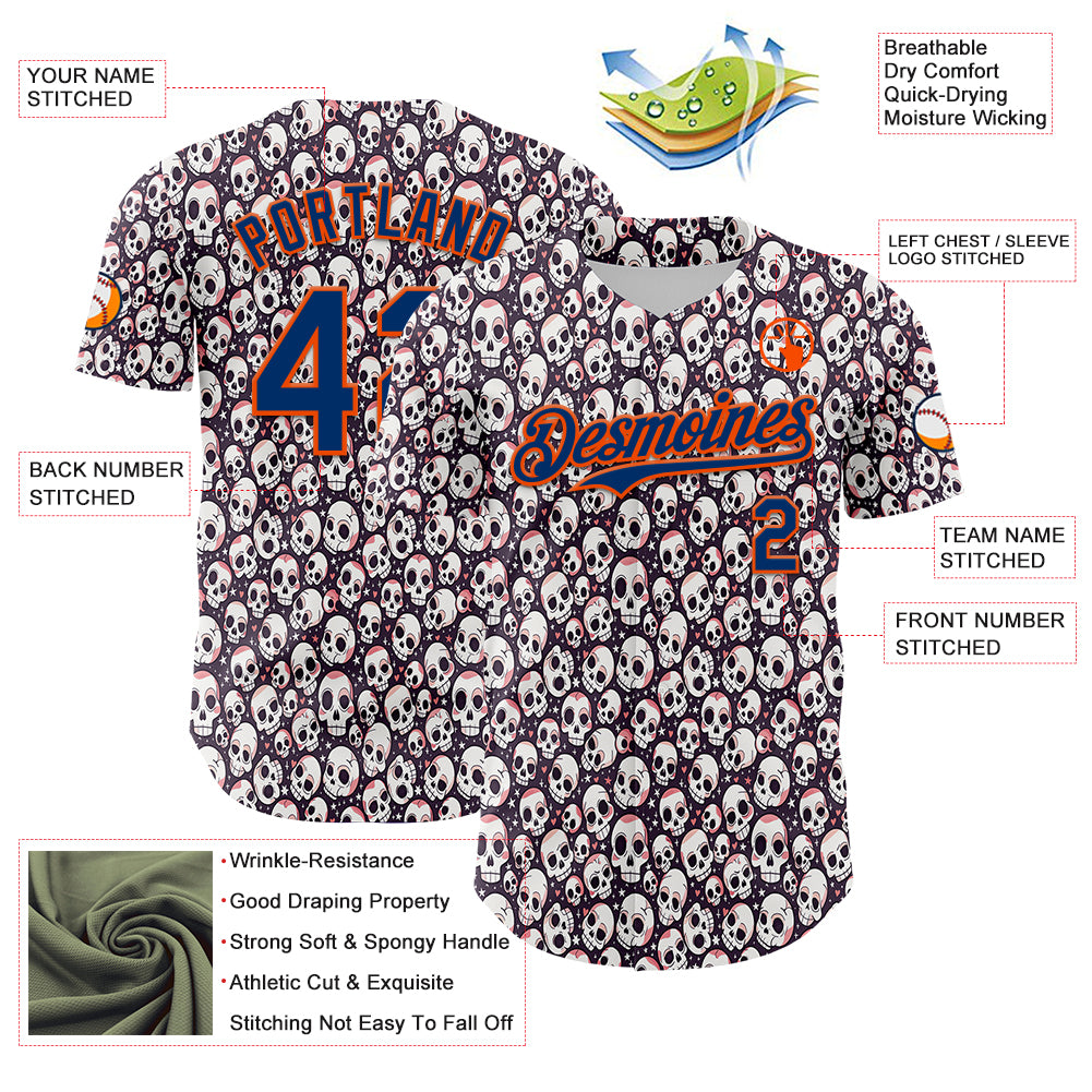 Custom White US Navy Blue-Orange Sugar Skull Day of the Dead Mexican Folk Art Authentic Baseball Jersey
