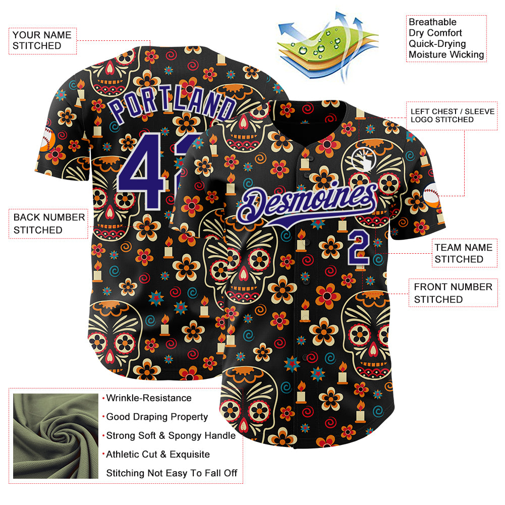Custom Black Dark Purple-White Sugar Skull Day of the Dead Mexican Folk Art Authentic Baseball Jersey