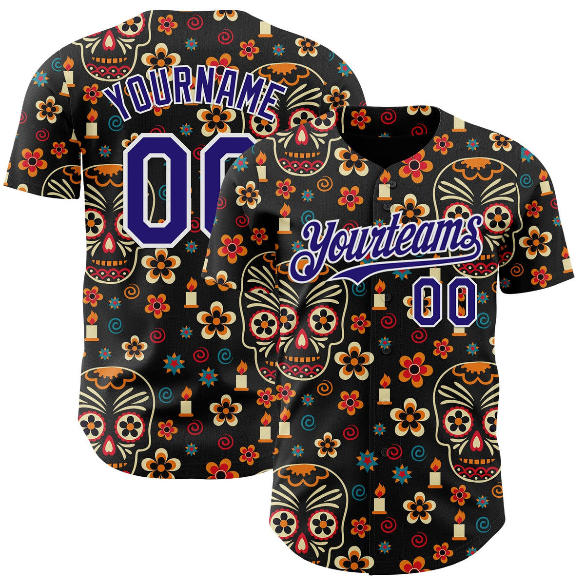 Custom Black Dark Purple-White Sugar Skull Day of the Dead Mexican Folk Art Authentic Baseball Jersey