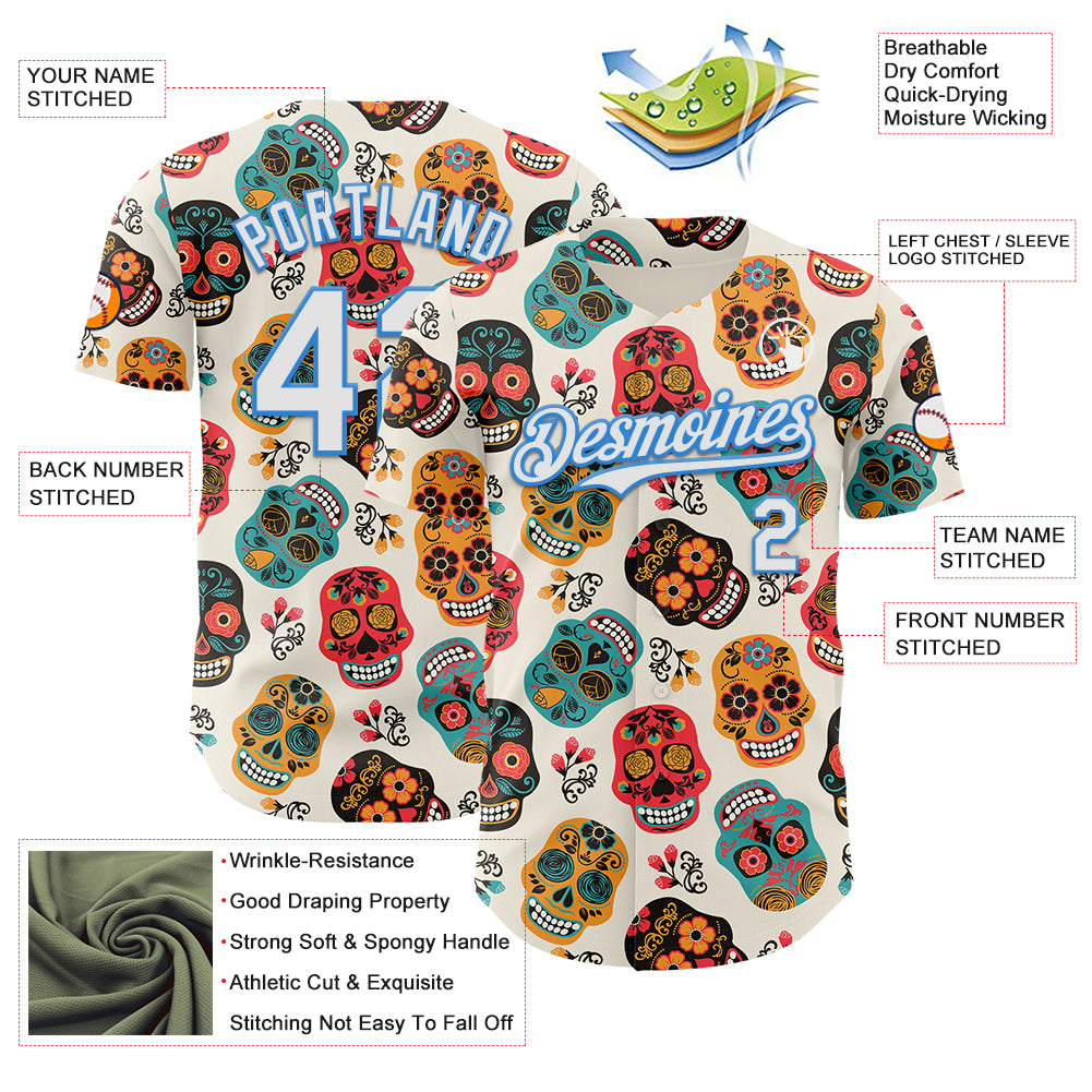 Custom Cream White-Electric Blue Sugar Skull Day of the Dead Mexican Folk Art Authentic Baseball Jersey