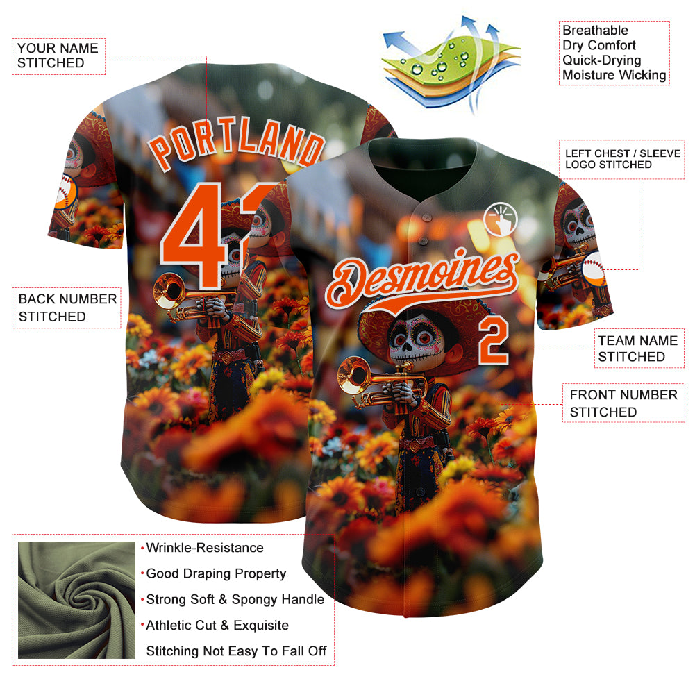 Custom Black Orange-White Sugar Skull Day of the Dead Mexican Folk Art Authentic Baseball Jersey