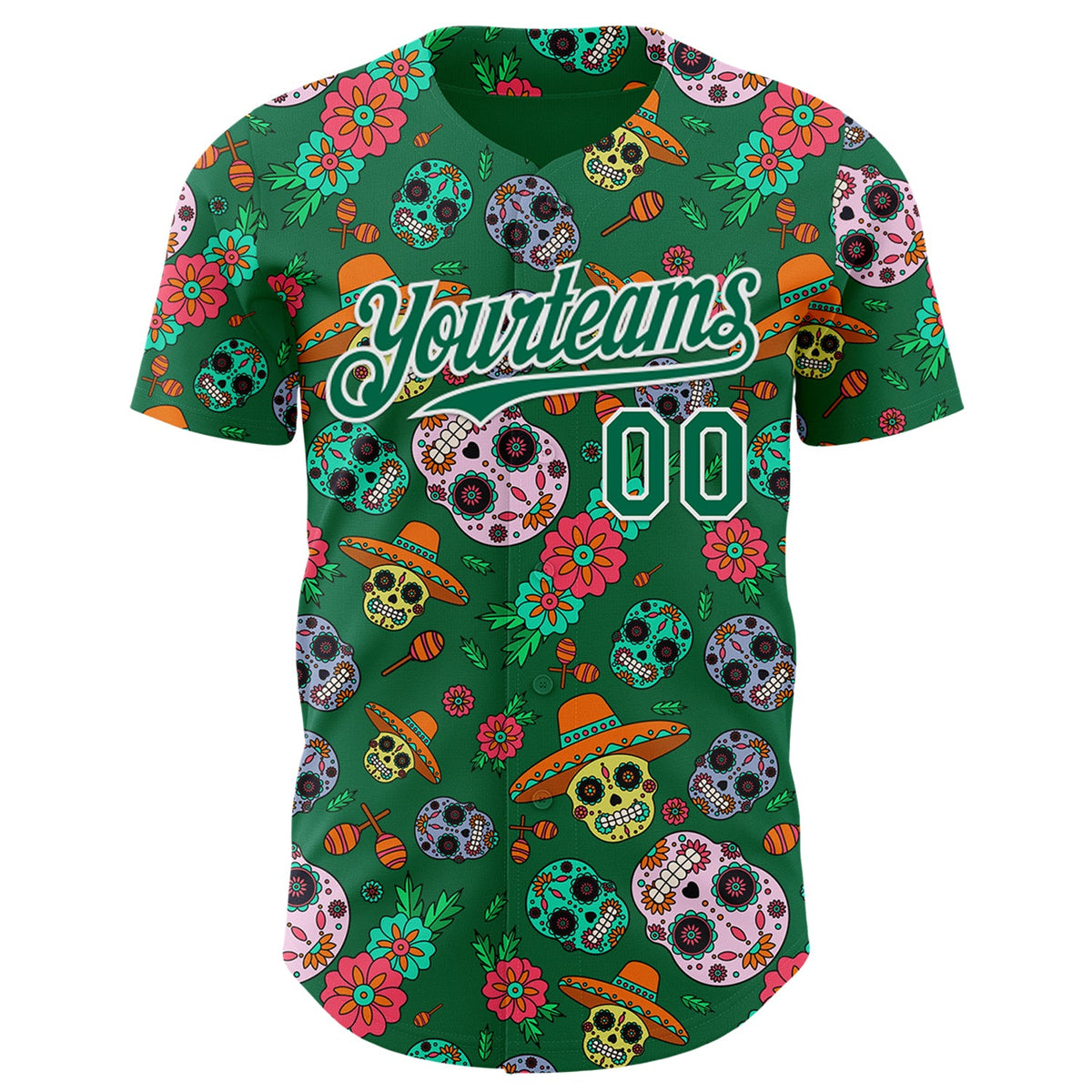 Custom Kelly Green White Sugar Skull Day of the Dead Mexican Folk Art Authentic Baseball Jersey