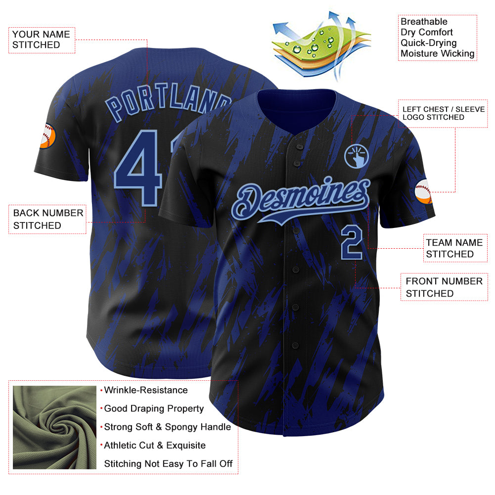Custom Black Royal-Light Blue Splatter Torn Sharp Brush Stroke Authentic Baseball Jersey