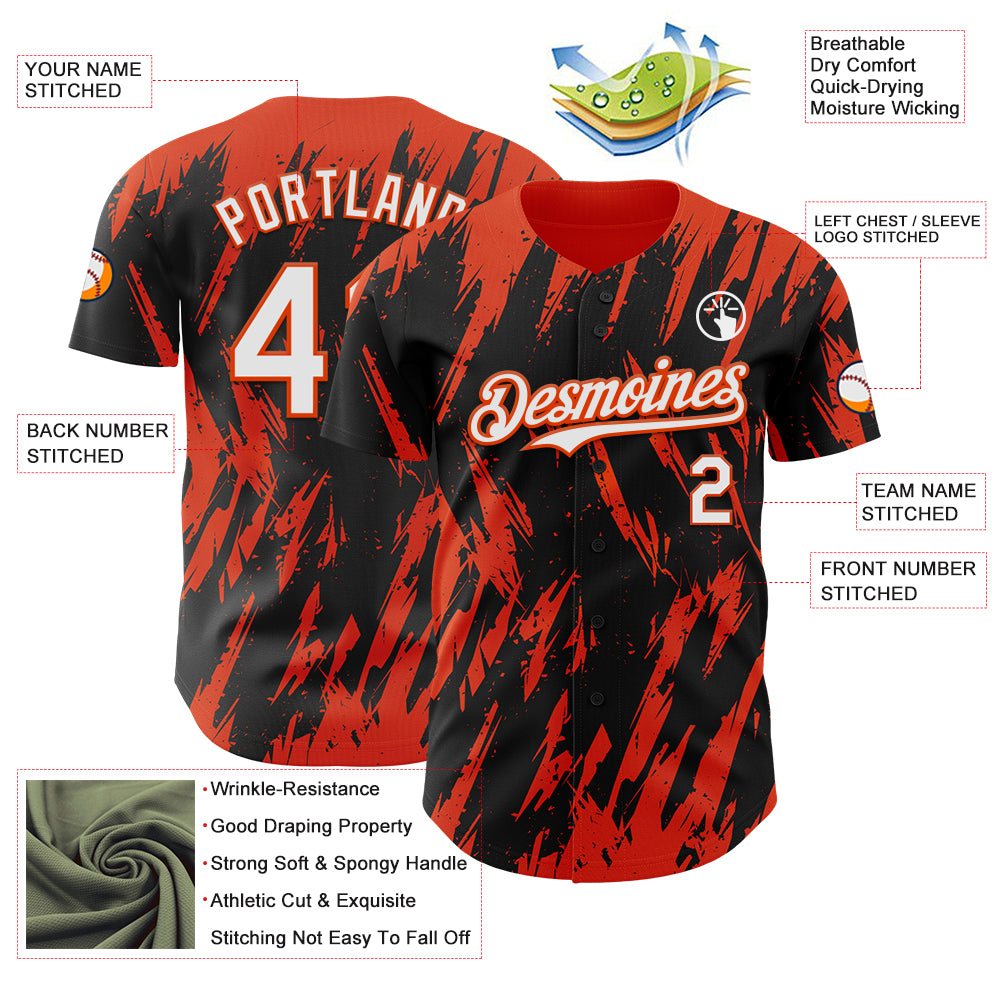 Custom Black White-Orange Splatter Torn Sharp Brush Stroke Authentic Baseball Jersey