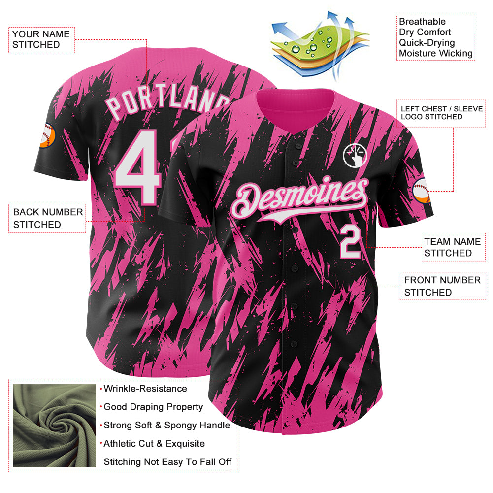 Custom Black White-Pink Splatter Torn Sharp Brush Stroke Authentic Baseball Jersey