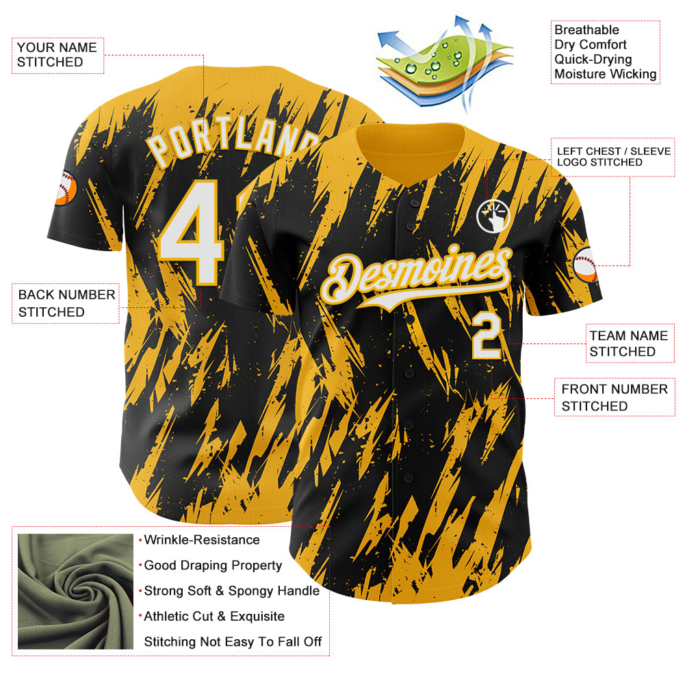 Custom Black White-Gold Splatter Torn Sharp Brush Stroke Authentic Baseball Jersey