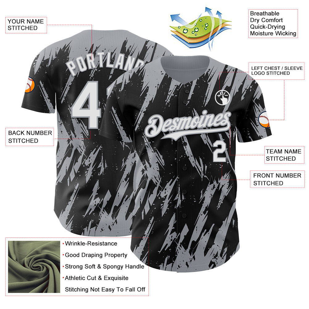Custom Black White-Gray Splatter Torn Sharp Brush Stroke Authentic Baseball Jersey