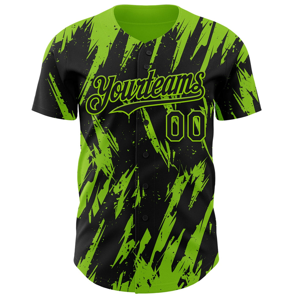 Custom Black Neon Green Splatter Torn Sharp Brush Stroke Authentic Baseball Jersey