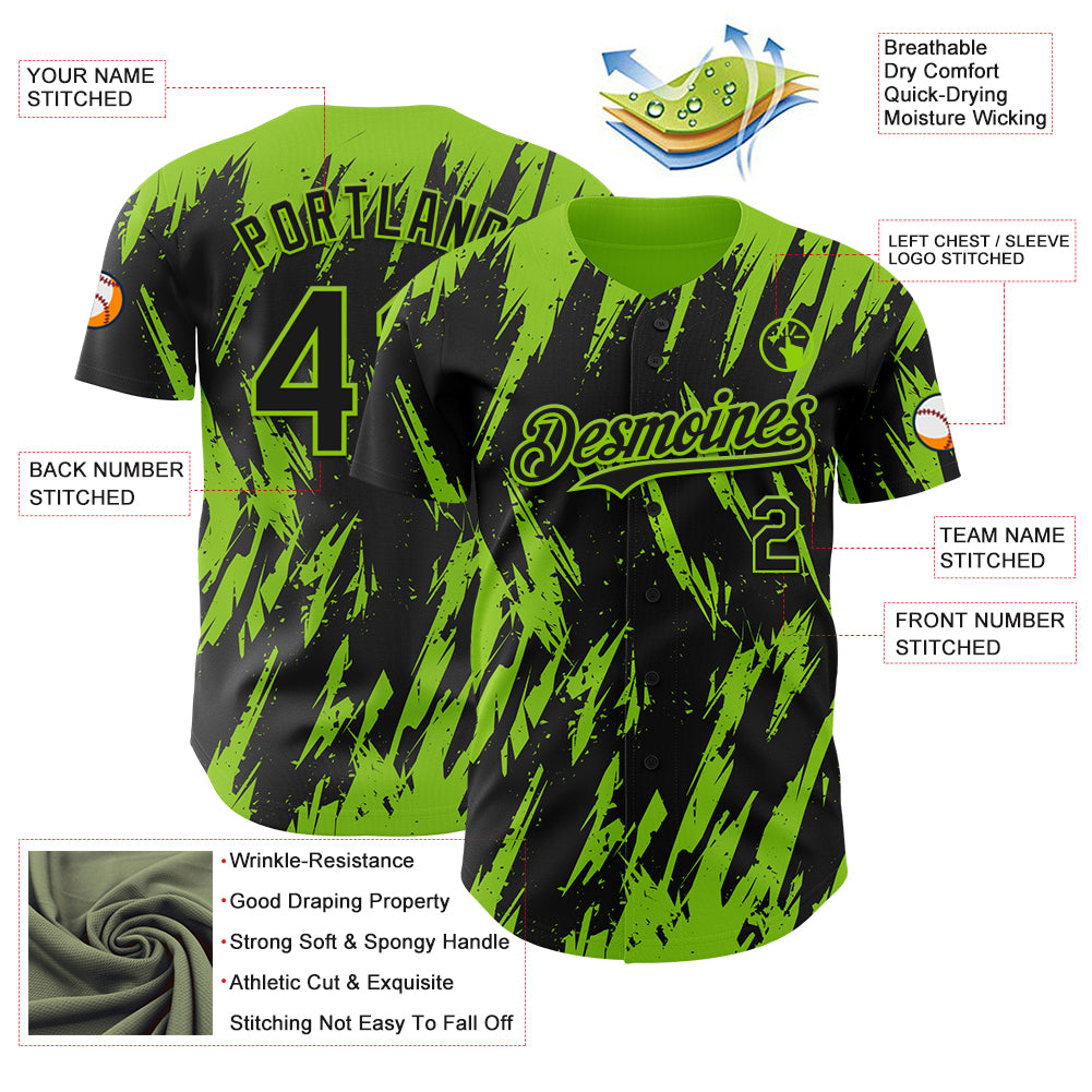 Custom Black Neon Green Splatter Torn Sharp Brush Stroke Authentic Baseball Jersey