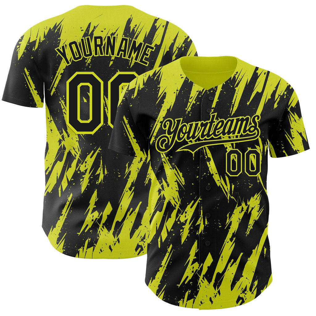 Custom Black Neon Yellow Splatter Torn Sharp Brush Stroke Authentic Baseball Jersey
