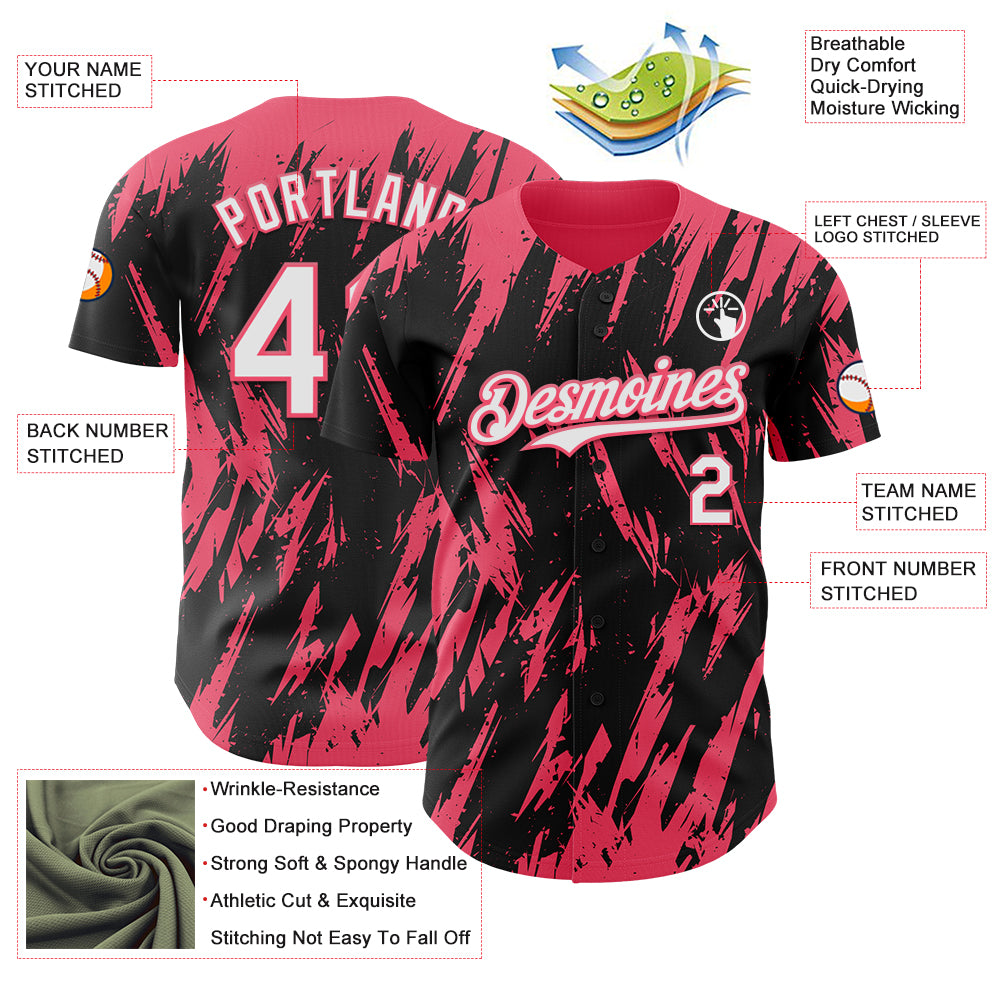 Custom Black White-Neon Pink Splatter Torn Sharp Brush Stroke Authentic Baseball Jersey