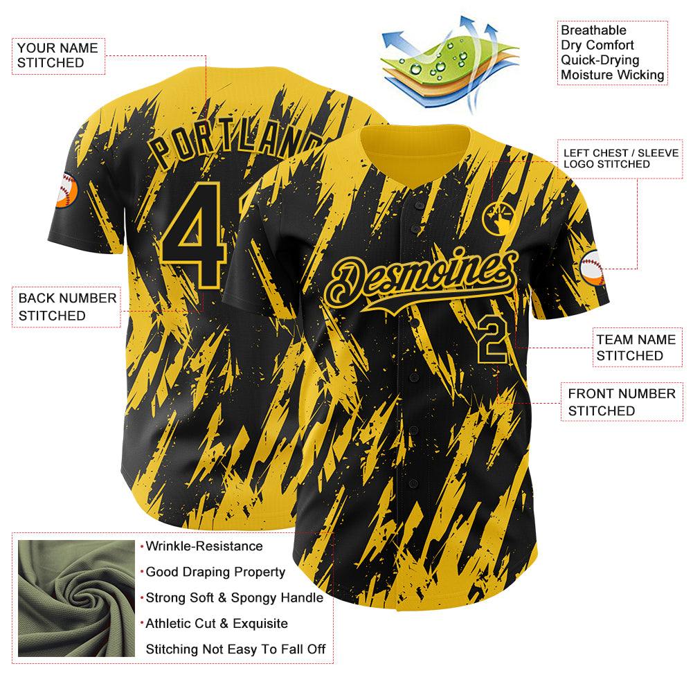 Custom Black Yellow Splatter Torn Sharp Brush Stroke Authentic Baseball Jersey