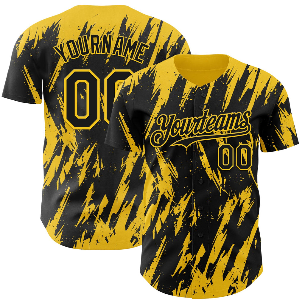 Custom Black Yellow Splatter Torn Sharp Brush Stroke Authentic Baseball Jersey