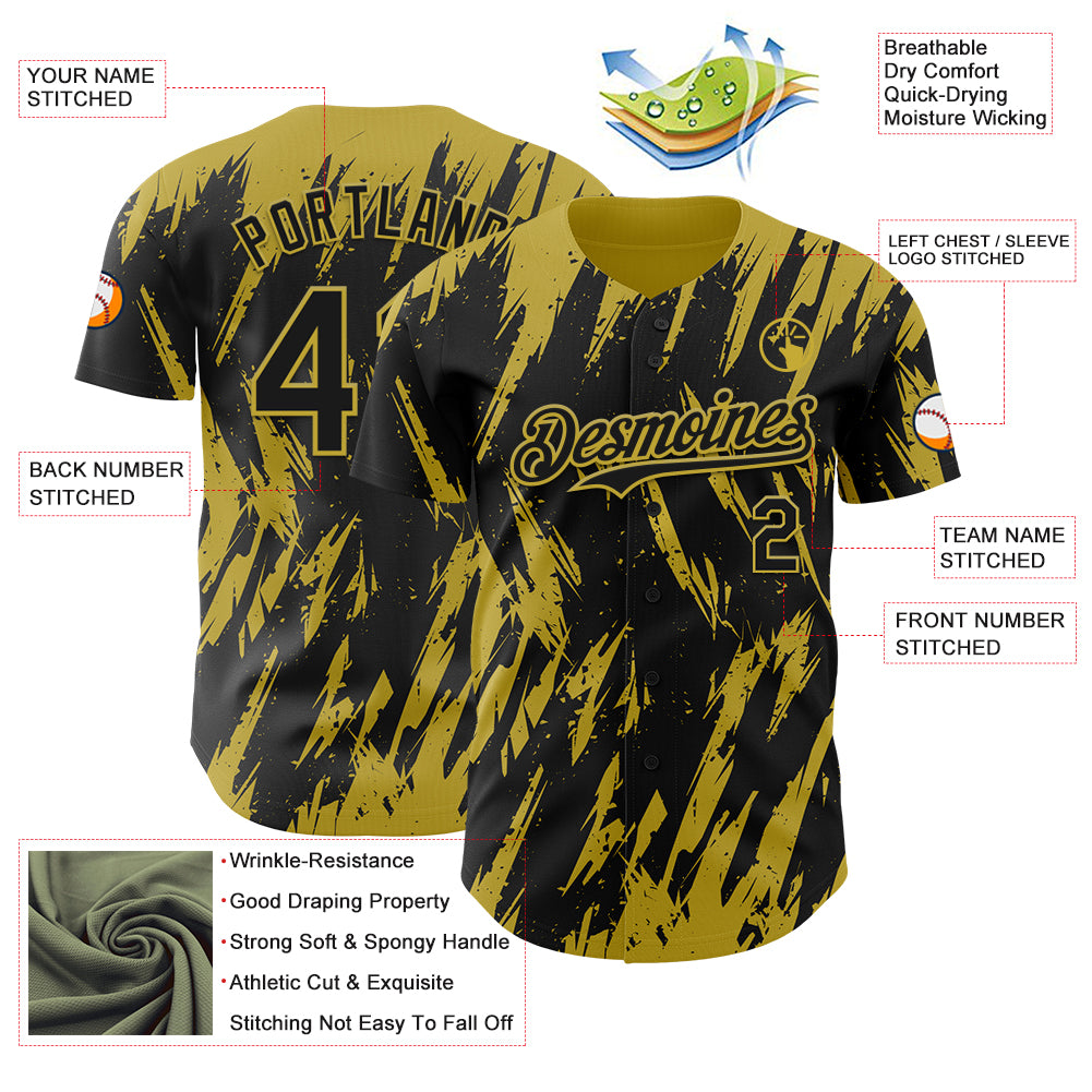 Custom Black Old Gold Splatter Torn Sharp Brush Stroke Authentic Baseball Jersey
