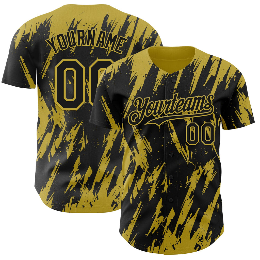 Custom Black Old Gold Splatter Torn Sharp Brush Stroke Authentic Baseball Jersey