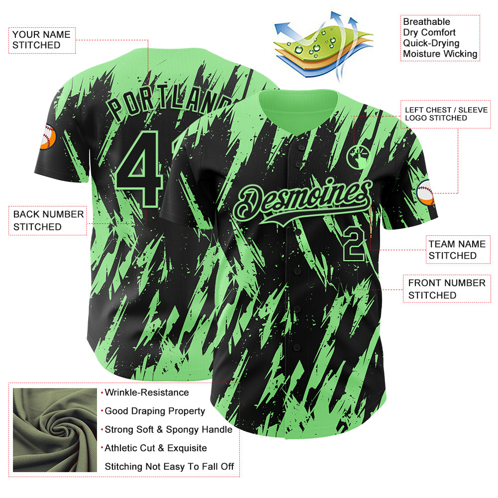 Custom Black Pea Green Splatter Torn Sharp Brush Stroke Authentic Baseball Jersey